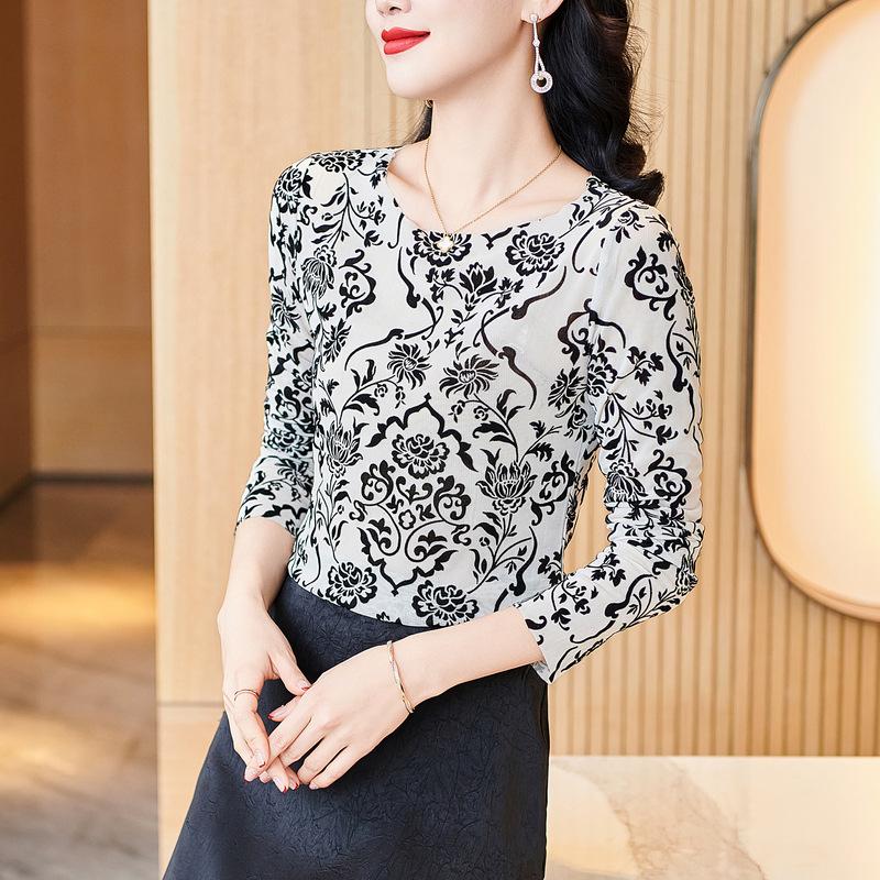 Spring New Mesh Printed Inner and Outer Bottoming Shirt for Women Round Neck Pullover T-shirt Top