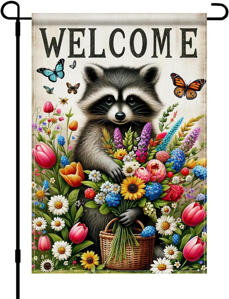 Spring Garden ag 12x18 Inch Double Sided Welcome Raccoon ower Basket oral Yard Outdoor Rustic Farmhouse Small Burlap G GGO