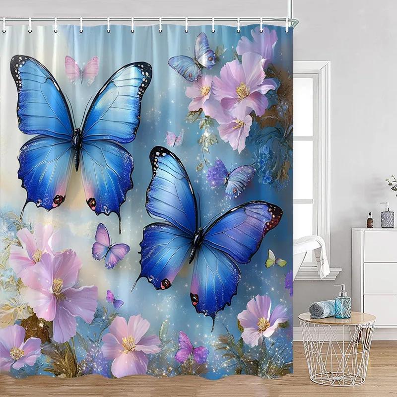 Luxury Gold White Floral Shower Curtain Rose Butterfly Cherry Blossom Modern Art Flower Polyester Fabric Bathroom Curtains Decor