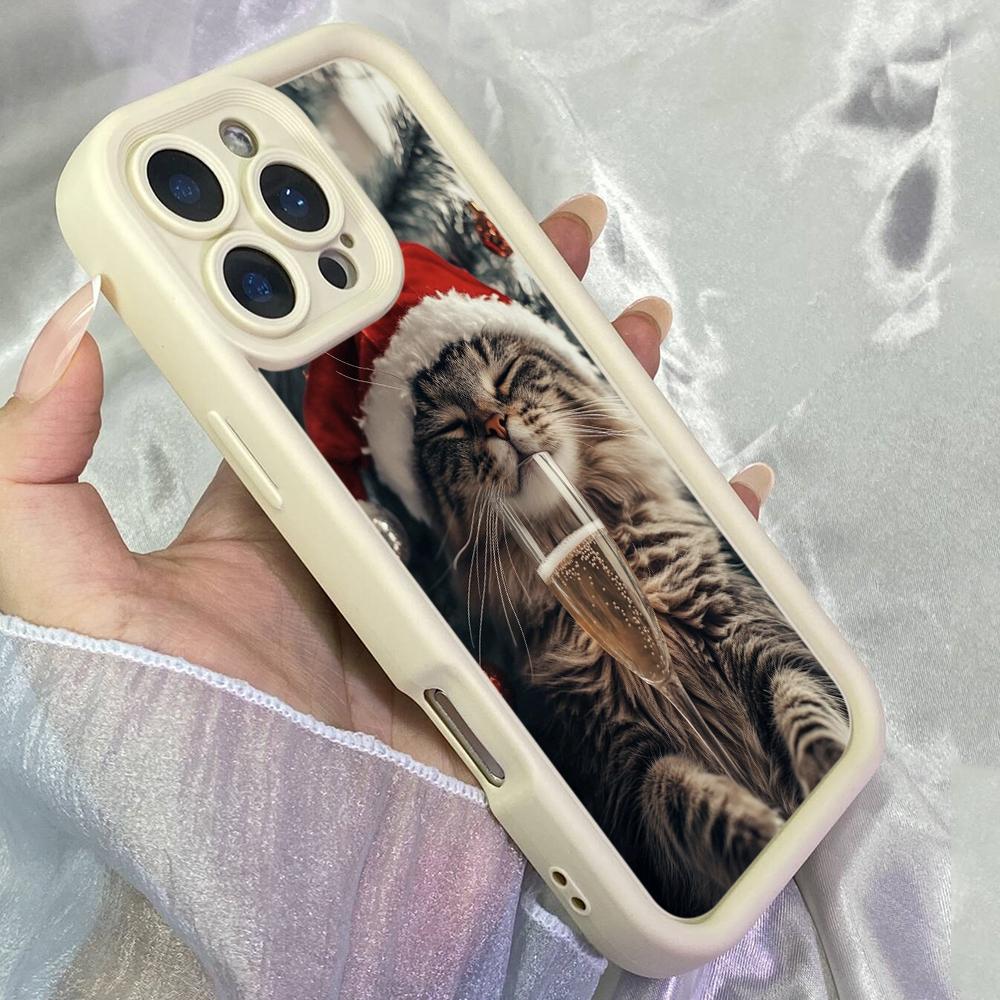 JT136 Рождественский кот пьет для iPhone 17 16 15 14 Pro Max Samsung S26 S25 Ultra A17 A16 A07 A56 Xiaomi 15T Redmi 15c 14c 13C Note 14 Мягкий чехол из ТПУ
