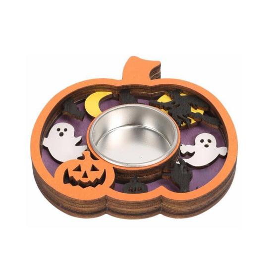 Wooden Candle Plate Holder Tray Tabletop Tealight Pillar Display Tray Wood Pumpkin Bat Ghost Maple Leaf Table Centerpiece for Halloween Thanksgiving