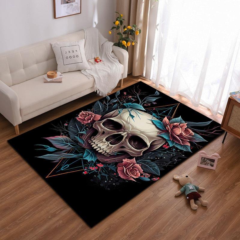 Skull Floral Art Carpet with Roses and Leaves on Black Background Suitable for use as an anti-slip for living room bedroom sofas