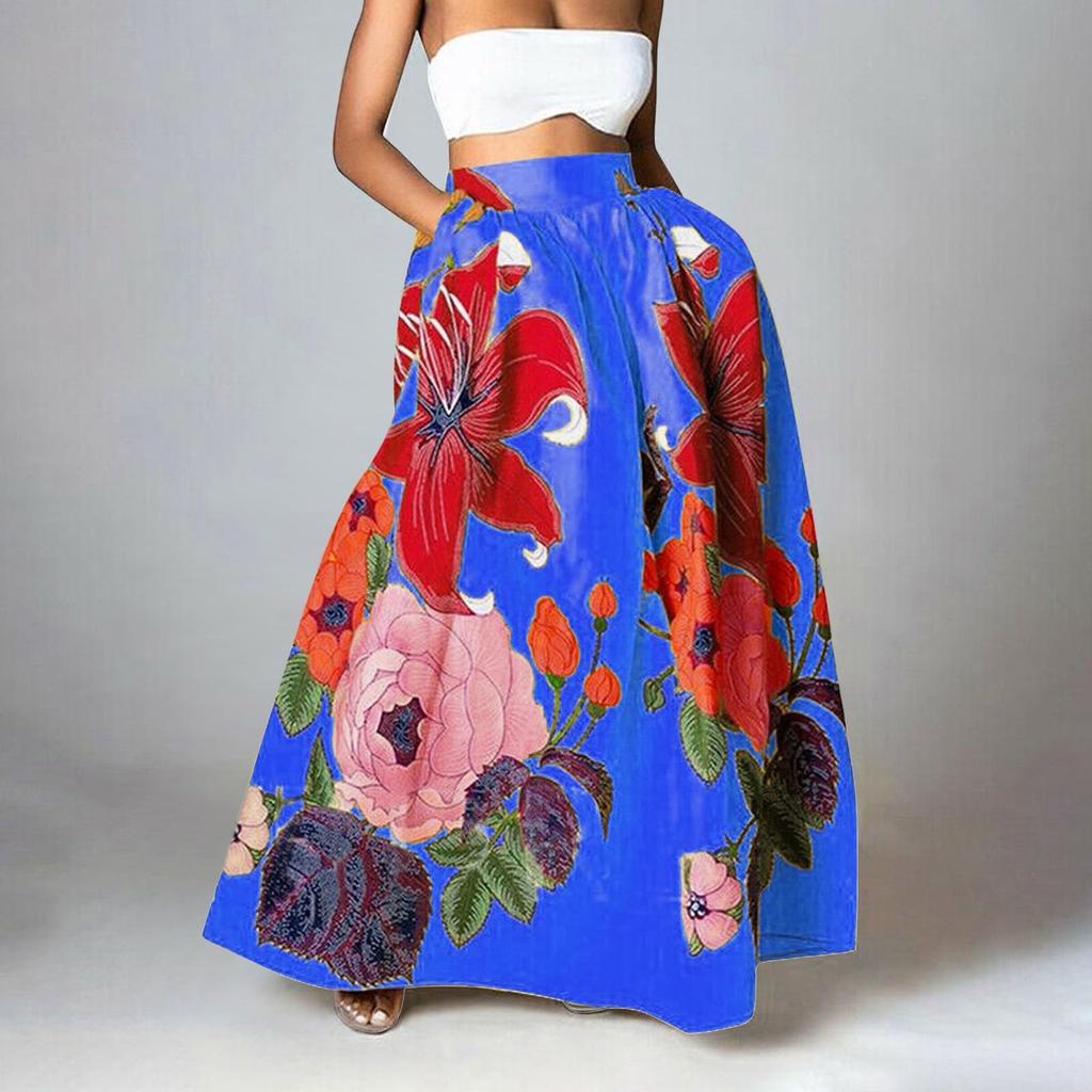 Женская мода с цветочным принтом, свободная полуюбка с высокой талией, пляжное удлиненное платье