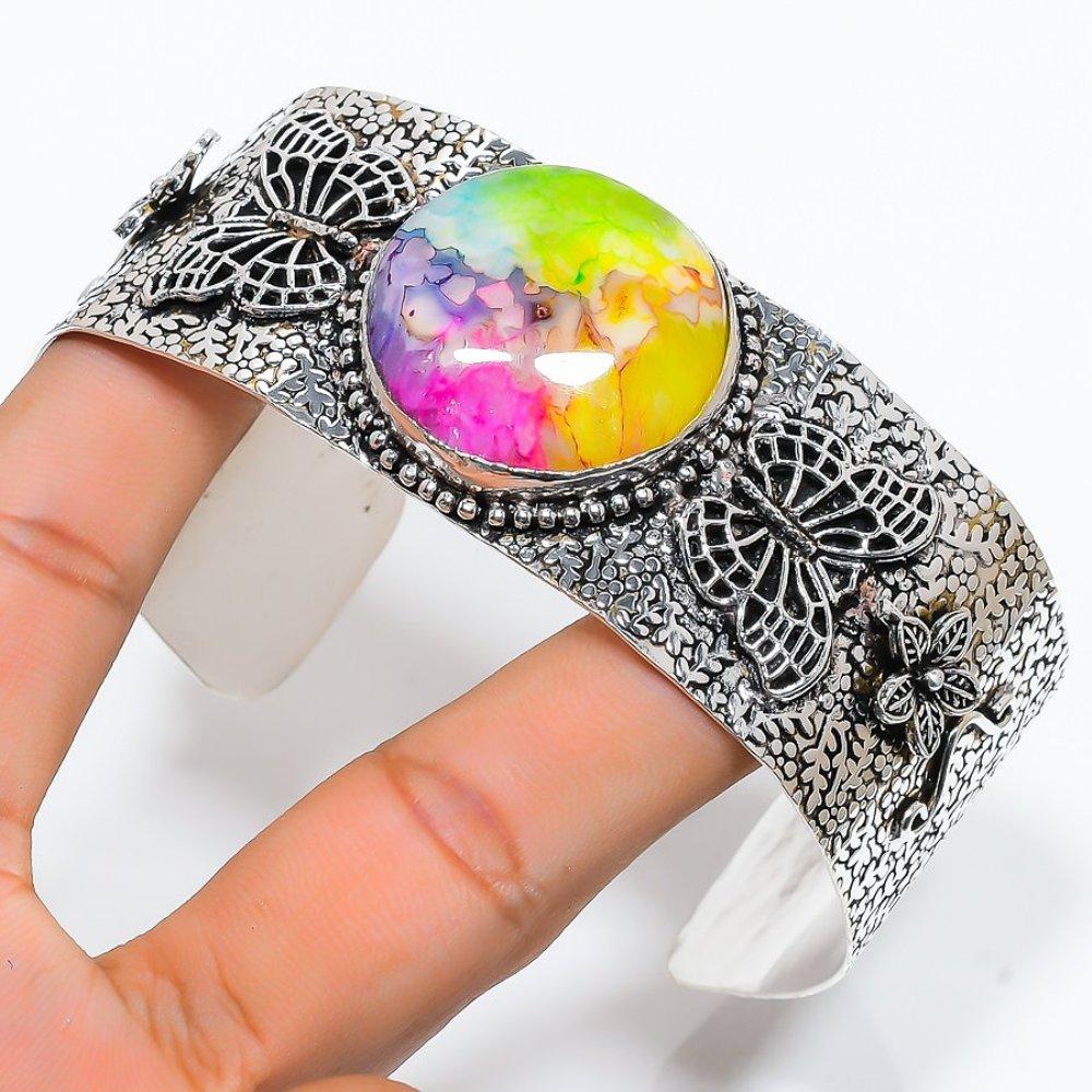 Радужный солнечный кварц драгоценный камень 925 стерлинговое серебро манжета браслет регулируемый j2n87