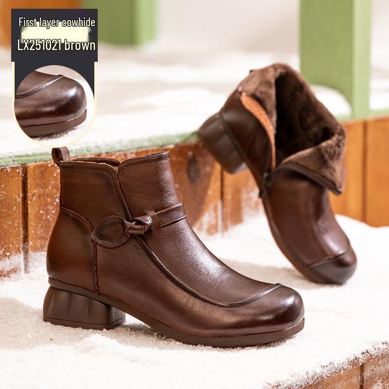 Зимние этнические вышитые ботильоны ручной работы 2025 года на ретро массивном среднем каблуке и мягкой подошве больших размеров