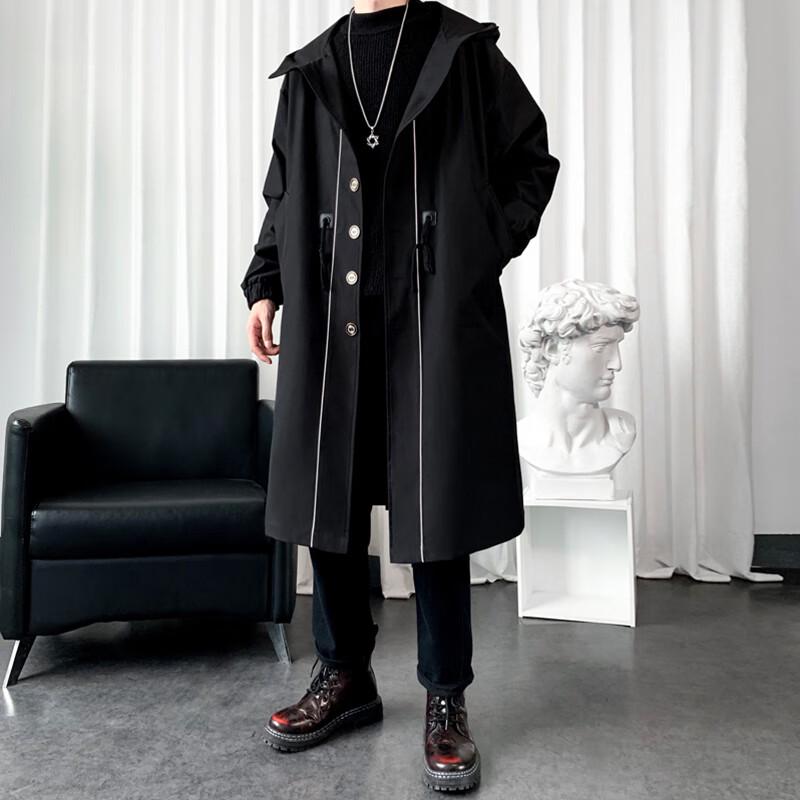 ROMON Men's Trendy Loose-Fit Hooded Mid-Length Trench Coat