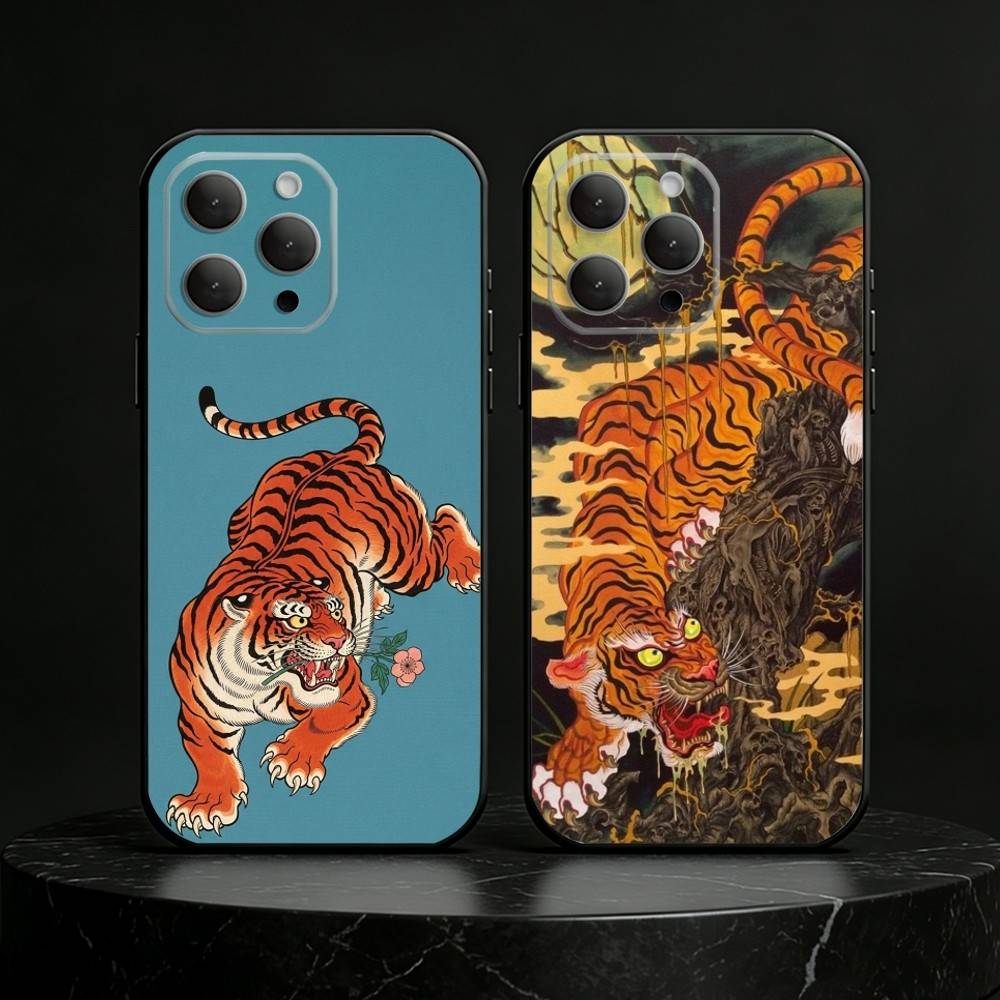 Japanese Ukiyo-e Tiger Phone Case Silicone black Soft For IPhone 17,16,15,14,13,12,11,SE,Plus Pro Max
