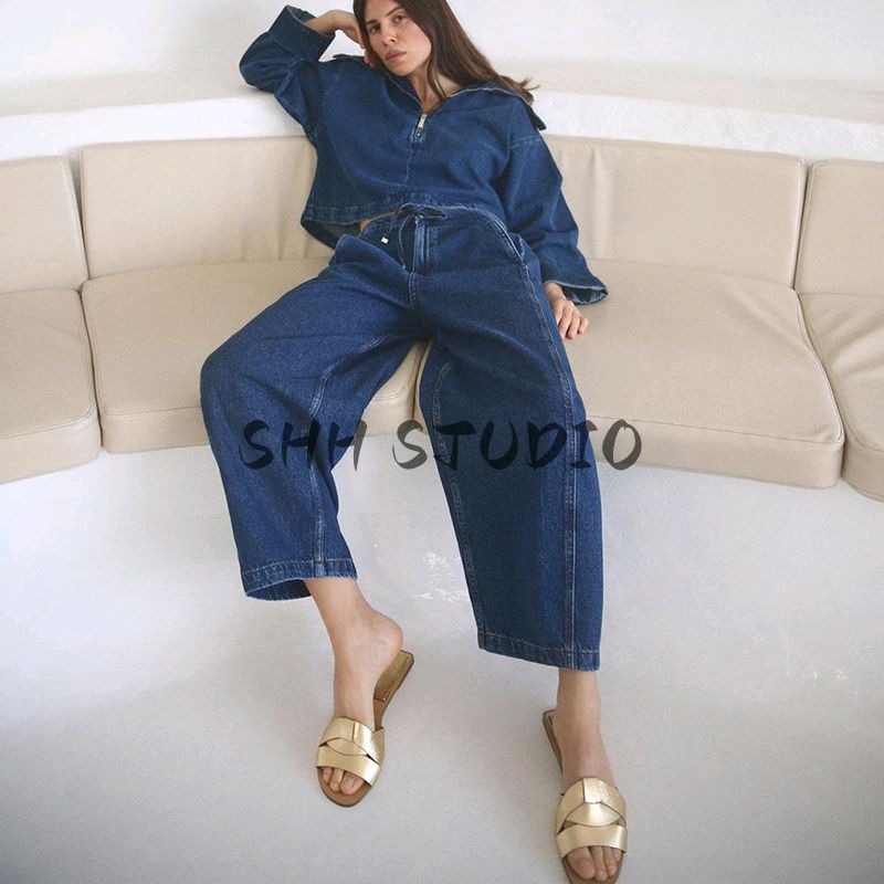 Zipper Denim Short Jacket 6147064 Cotton Tied High Waist All-Matching Jeans 6147065