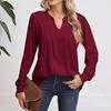 Женская модная повседневная одежда с длинным рукавом, однотонные топы с V-образным вырезом