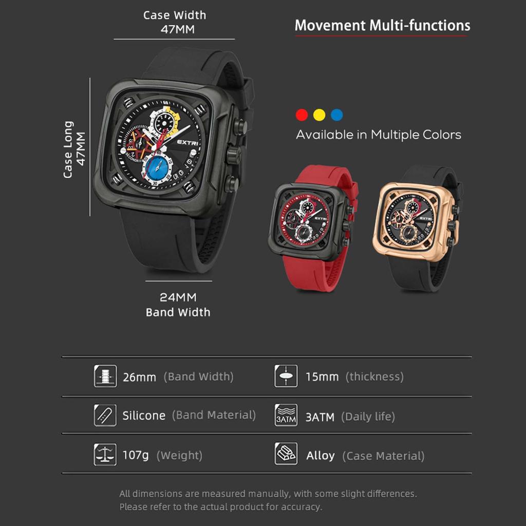 Men's Casual Watch Quartz Watch Watch Multi-dial Watch Square Men's Watch Analog Calendar Men's Watch Silicone Strap
