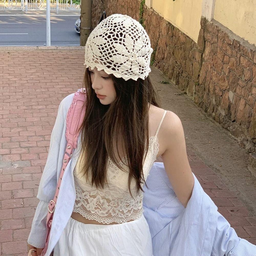 Вязаная крючком шапка-цветок ручной работы, тонкая ажурная вязаная шапка, милая шапка-бини, для девочек