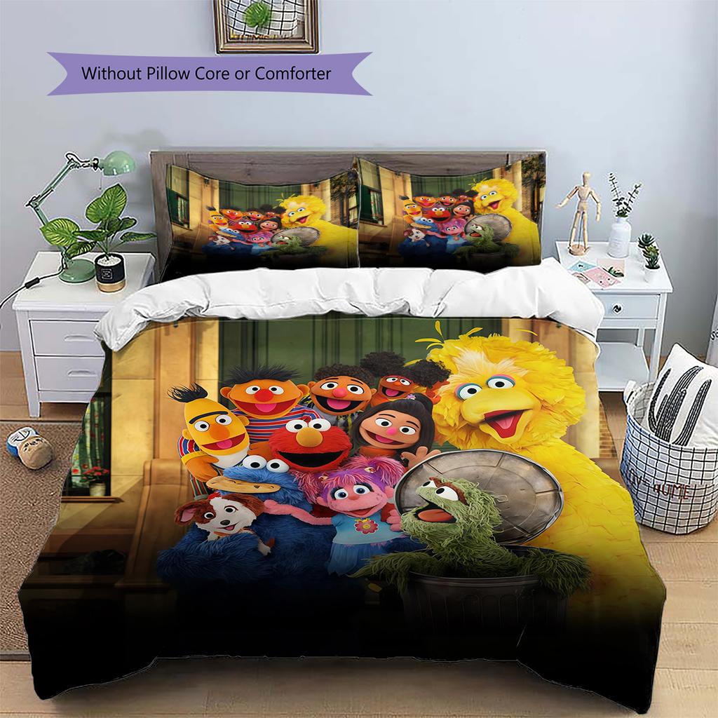 Sesame Street2 Pattern Bedding Quilt Set Home Decoration Gift (1 * duvet cover + 2 * pillowcase without core)