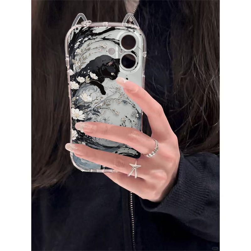 Черный кот Тушь Рисунок Чехол для Телефона Для iPhone 17 16 15 14 13 12 11 Pro Max XR XS MAX 7 8 PLUS INS Кошачьи Ушки Прозрачная Крышка