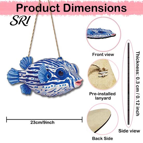 2D Wooden Wall Sign Ocean Theme Striped Puffer Fish Decor Nautical Hanging Rustic Rope with Hemp Decorative Beach Pendant for House Summer Decoration