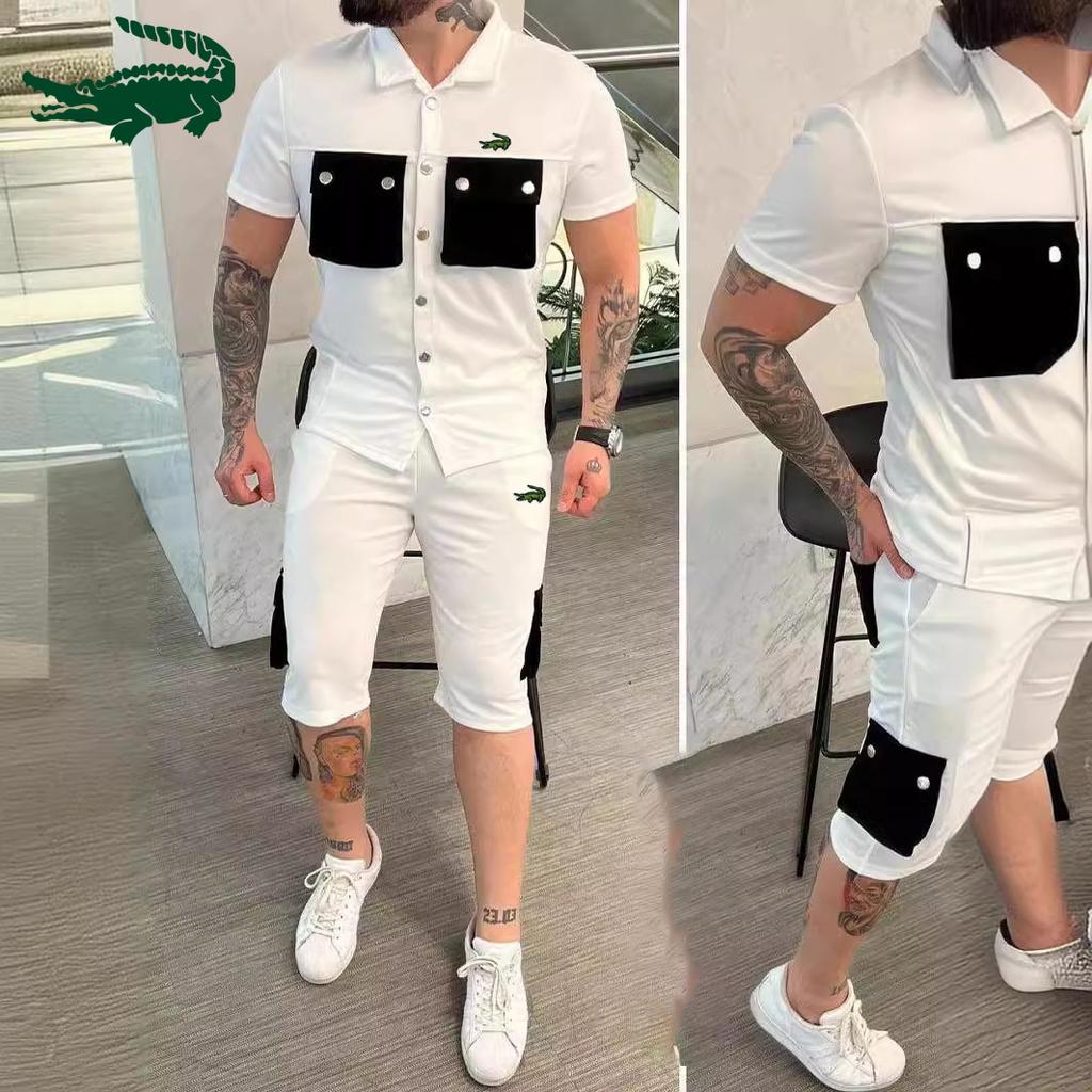 2024 весна/лето новая цветная мужская рубашка с вышивкой с коротким рукавом + шорты модный повседневный спортивный комплект