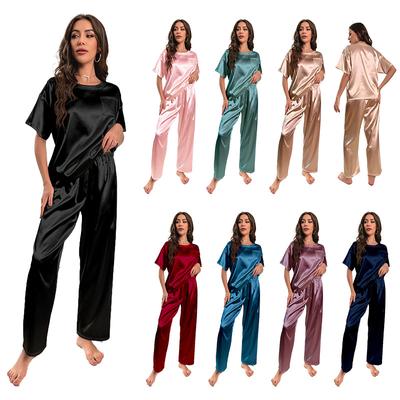 Женская летняя пижама Ice Silk из 2 предметов, однотонная, с коротким рукавом, длинные брюки, свободная повседневная домашняя одежда