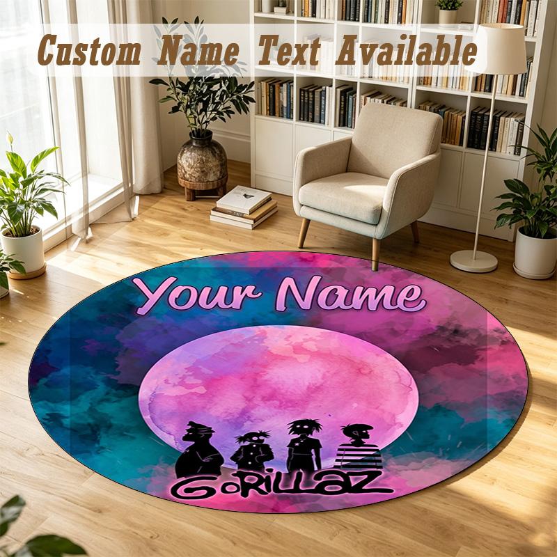 Gorillaz Personalized Round Rug Support Custom Name, Soft Home Decor Mat