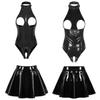 Womens Fashion Lingerie Patent Leather Open Cup Skinny Bodysuit with Skirt Wedding Night Outfits
