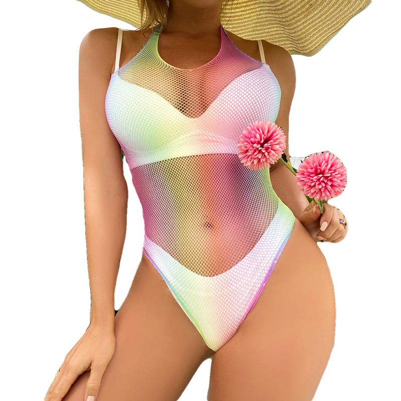 Sexy Women Sheer Mesh Bikini Cover Up Swimwear Swimsuit Bathing Suit See Through Crochet Rainbow Fishnet Beachwear Dress CT014