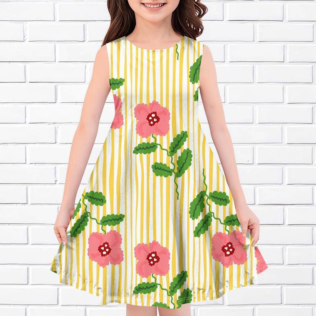Детское летнее повседневное модное платье без рукавов с круглым вырезом и принтом