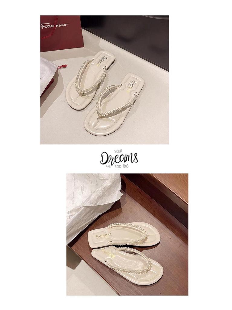 Женские летние 2025 шлепанцы с жемчугом и стразами, нескользящие: Элегантные уличные пляжные шлепанцы