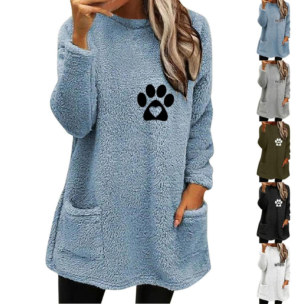 Autumn/Winter Women's Paw Print Double-sided Fleece Sweatshirt with Pockets