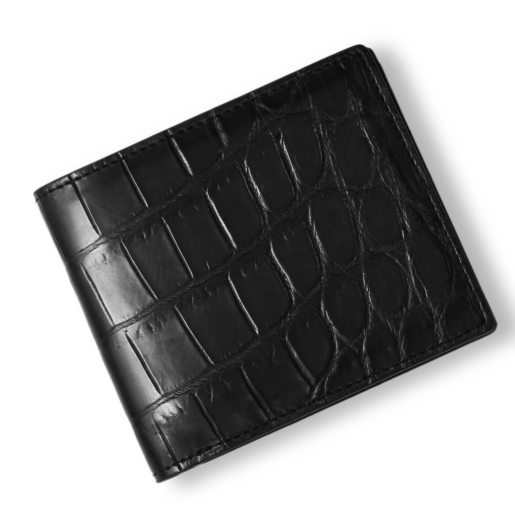 CLW Crocodile Leather Works Bifold Wallet (Bill Compartment) Matte Black Crocodile Leather, Made in Japan, Men's Cashless, Brand Name Gift