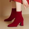 Women's Ankle Boots Autumn High Heels Short Boot for Women Red Flock Party Shoes Female Large Size