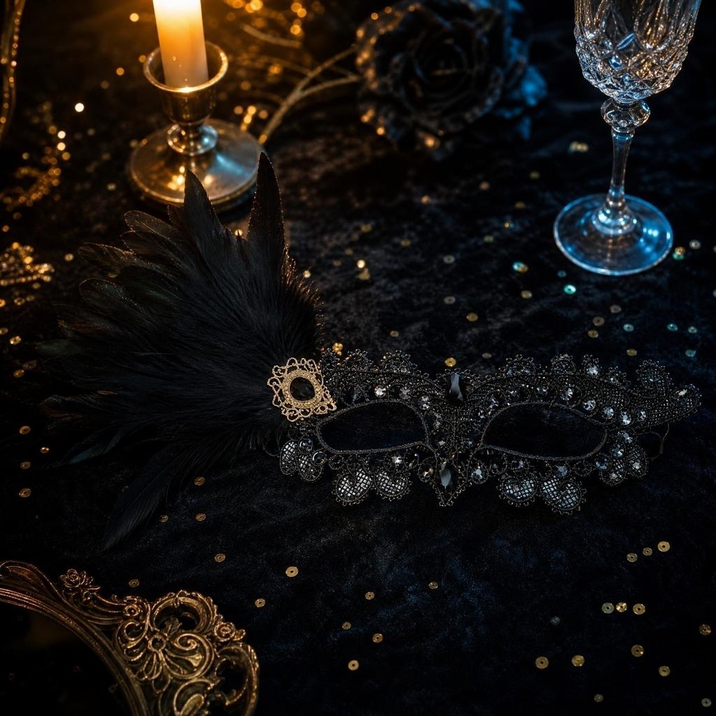 Lace with Feather Trim and Gold Foil Design for Halloween Masquerade Ball Party Prop