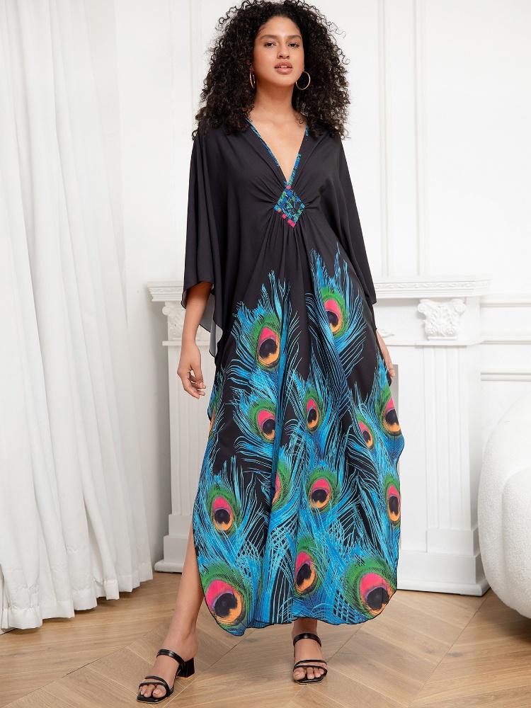 EDOLYNSA Green Printed Bohemian Peacock Print Loose Vacation Robe Classy Bathrobe Lounge wear Beach dress Light jacket Q1289