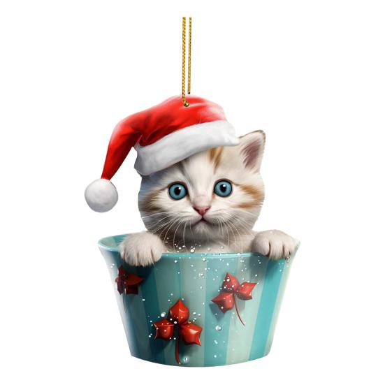 Christmas Pendant 2D Acrylic Cat Sitting Mug Charm Hanging Decor with Lanyard Holiday Party Decoration