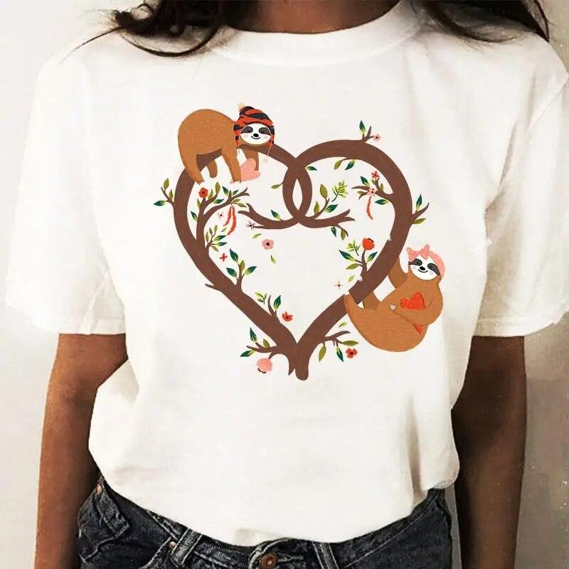 Girl Tops Sloths Koala Cartoon Pattern O-Neck Shirt Clothes For Women Ladies Anime Tshirt Oversized Tops Custom TShirt Tee-Shirt