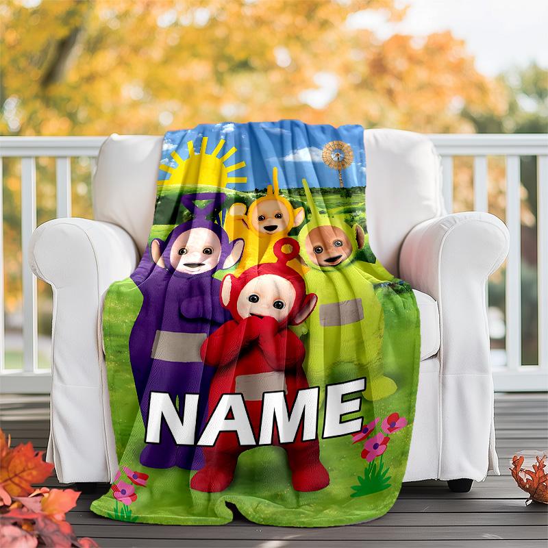Customizable Teletubbies Throw Blanket – Personalized Name, All-Season Cozy Snug Blanket, Machine Washable, Personalized Blanket