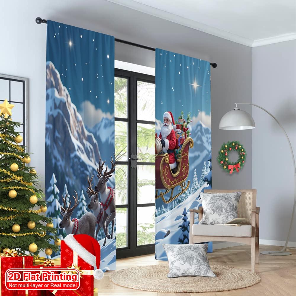 2pcs 2D Flat Printing Merry Christmas Window Drapes Santa Sleigh Deer Night Polyester Fabric Without Electricity Spring for