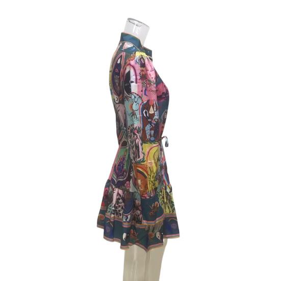 Fall Summer Women Dress Stand Collar Single-breasted Long Lantern Sleeves Slim Waist Vintage Ruffle Edge Colorful Print Mini Dress