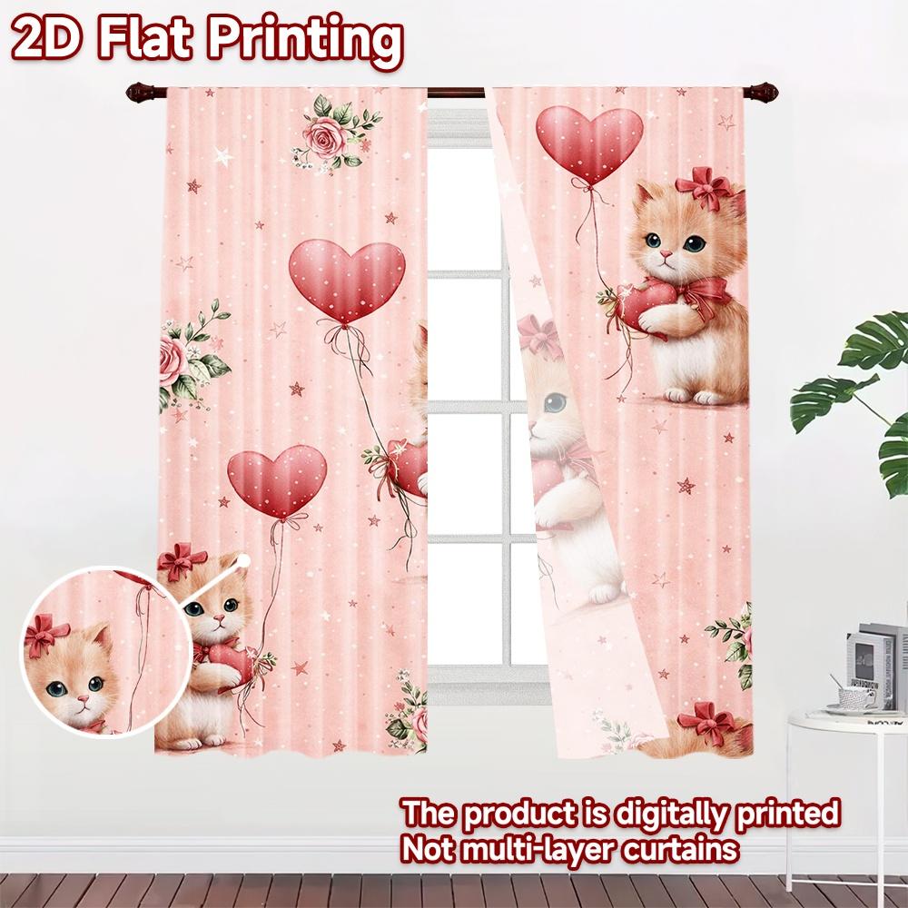 2D flat printing 2pcs Curtain Scene Curtain Valentine's Day Cute Kittens Digital Printed Polyester Drapes Festive Wall Decor for