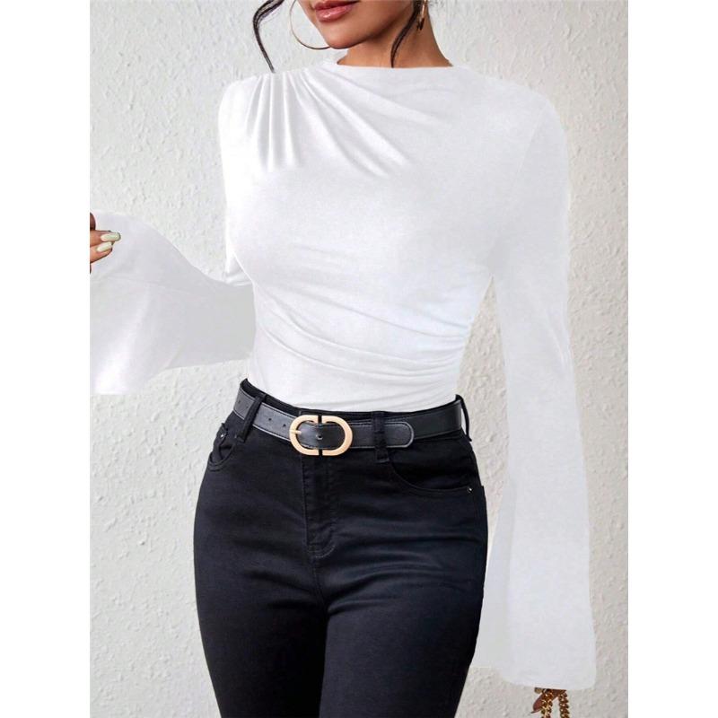 Autumn Versatile Pleated Top with Flared Sleeves Stand Up Collar Slim Fit Women's T-shirts
