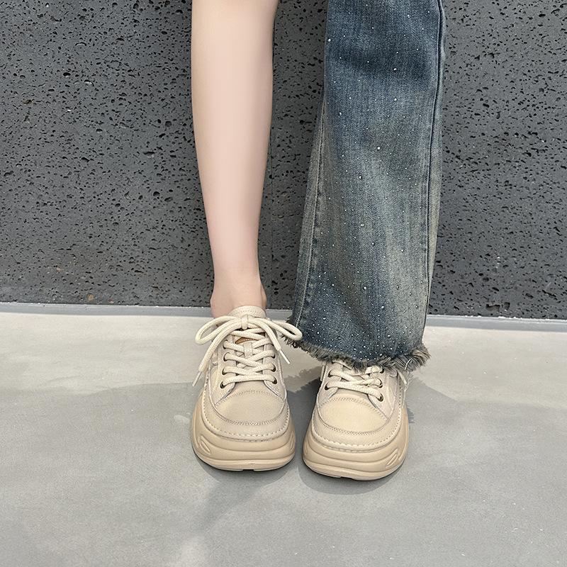 First layer cowhide casual bread shoes women's 2025 spring and autumn fashion versatile platform muffin retro sports board shoes women