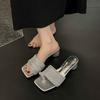 Beautiful Temperament Exquisite Rhinestone Word with Cool Slippers Summer Wear Medium Heel High Heel Slippers Square Head Sandals