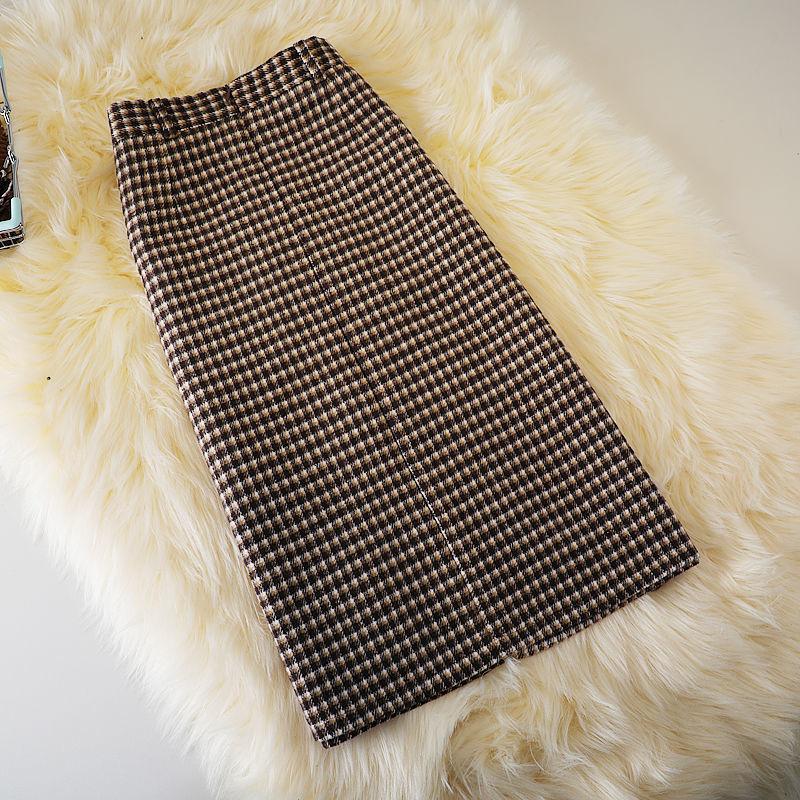 Женские шерстяные клетчатые юбки 2 цвета S-XXL с высокой талией и карманами средней длины в корейском стиле с одним шагом, юбка больших размеров