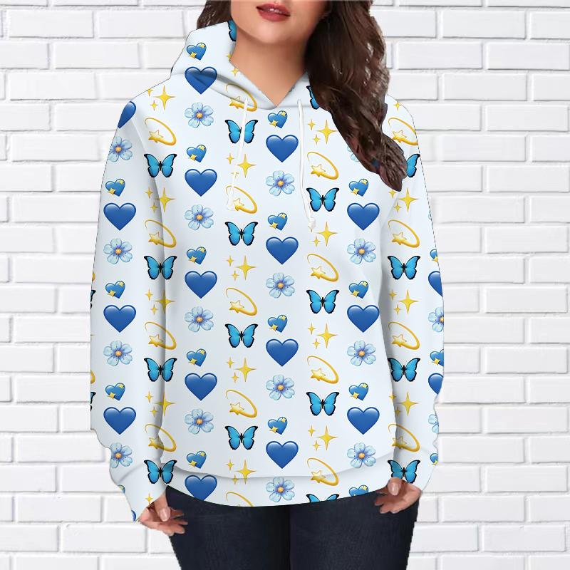 Женская мода Синяя любовь Бабочка Принт Свободные толстовки Топы Блузка Толстовка Повседневный длинный рукав Пуловер Топы