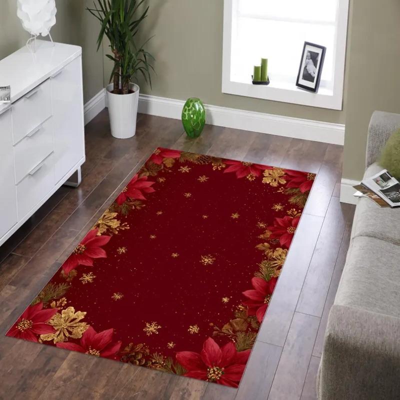 Christmas Rug, Red Poinsettia Rugs, Holiday Floral Mat, Festive Gold Snowflake Rug, Xmas Border Rug, Elegant Christmas Decor Rug