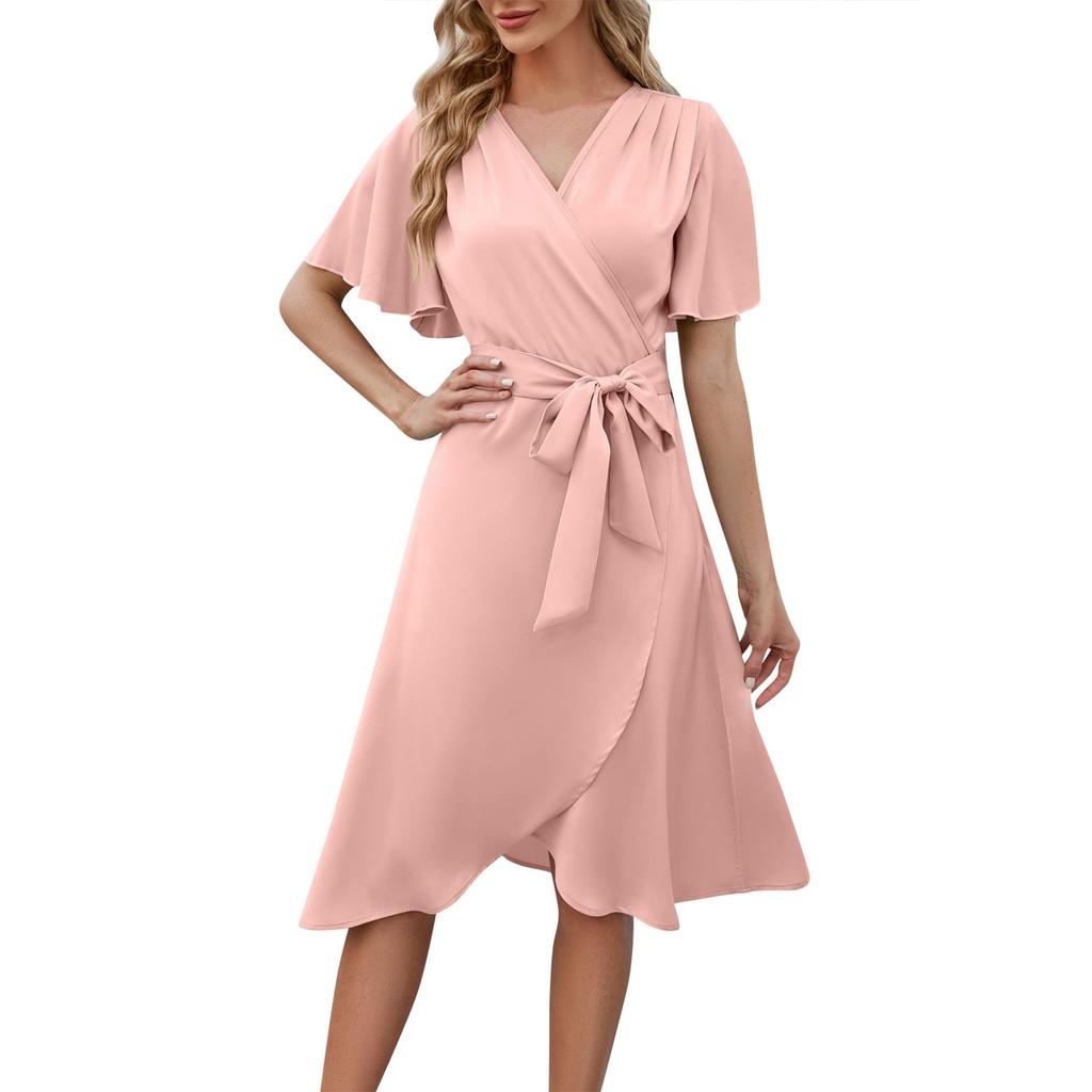 Летнее женское атласное удобное и сексуальное платье с v-образным вырезом и расклешенными рукавами на талии