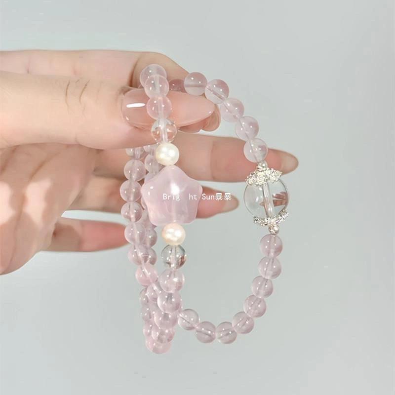 Natural Rose Quartz Clear 6mm Double Layer Bracelet Women With Mini Star Charm