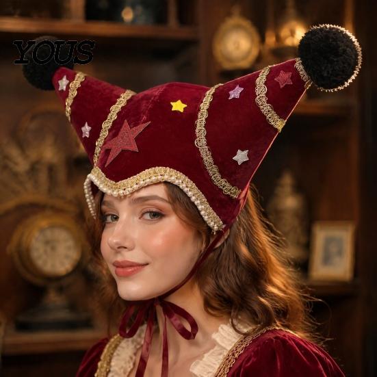 Velvet Jester Headwear for Adults Christmas Hat, Star Clown Hat with Gold Trim Pom Creative Outfit Accessories Poms, Adjustable Tie, Cosplay