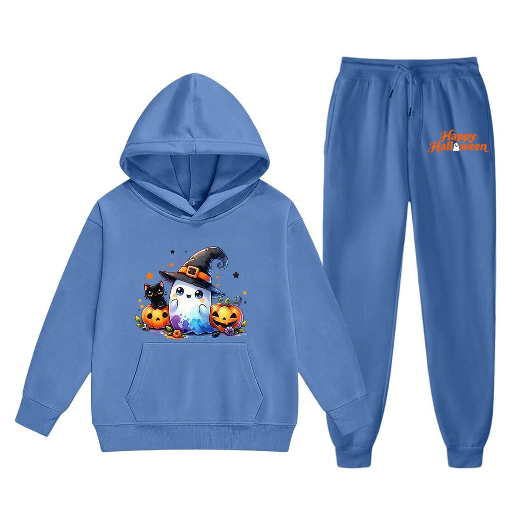 Kids Halloween Hoodie Set Ghost Pumpkin Print Long Sleeve Pullover Sweatshirt with Hood and Matching Pants Comfortable Fit for Boys and Girls