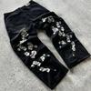 ZYLLO Y2K Harajuku Retro Jeans Artistic Cherry Blossom Embroidery Pattern Denim Pants High Street Loose Straight Leg Pants