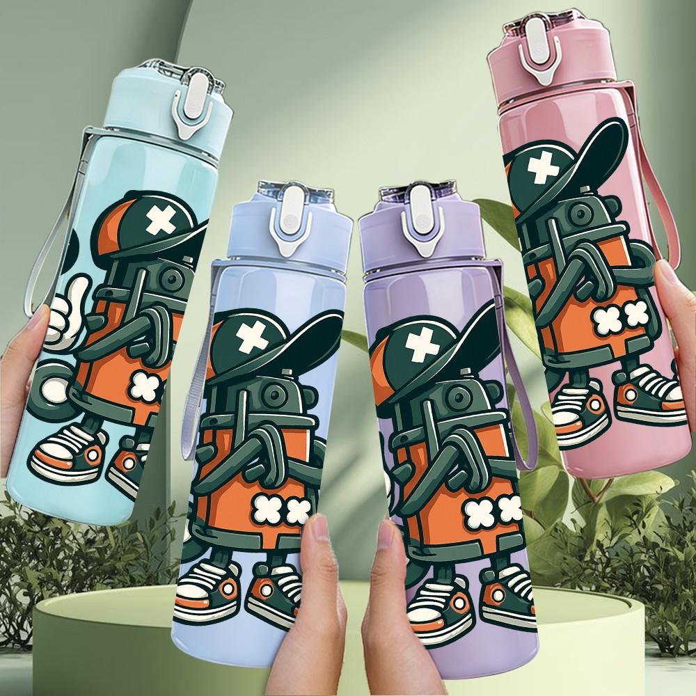 1PC Hip Hop Astronaut Pattern 750ml Color Plastic Sports Water Bottle Leakproof Flip Straw Lid Suitable for Sports Office Home Use