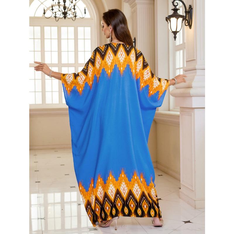 Женская мода весна осень геометрический принт длинный рукав V-образный вырез свободная талия повседневные платья