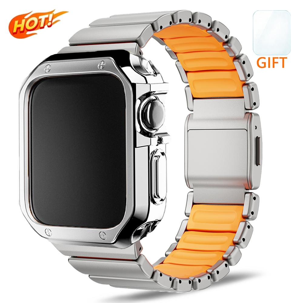 Титановый ремешок + ТПУ чехол для Apple Watch Ultra 3 2 49мм 46мм 45мм 44мм Мужской деловой браслет для iwatch 11 10 9 8 7 6 5 4 SE Ремешок